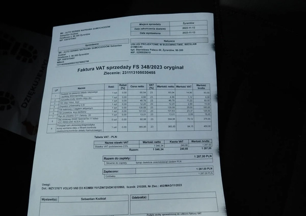 Volvo V60 cena 76980 przebieg: 210000, rok produkcji 2018 z Warta małe 436